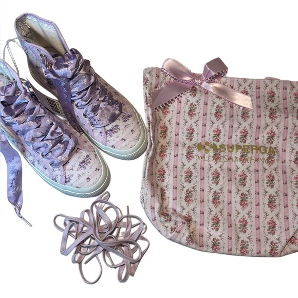 Superga x LoveShackFancy NWT - 2795 Floral Satin Ribbon Hightop - Ripe Grapevine - Picture 3 of 11